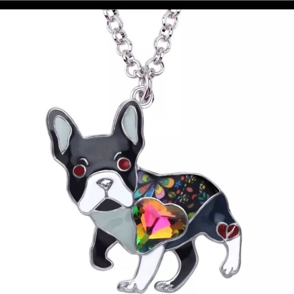 Silver titanium enamel and rainbow crystal French Bulldog boho necklace new - Picture 3 of 5